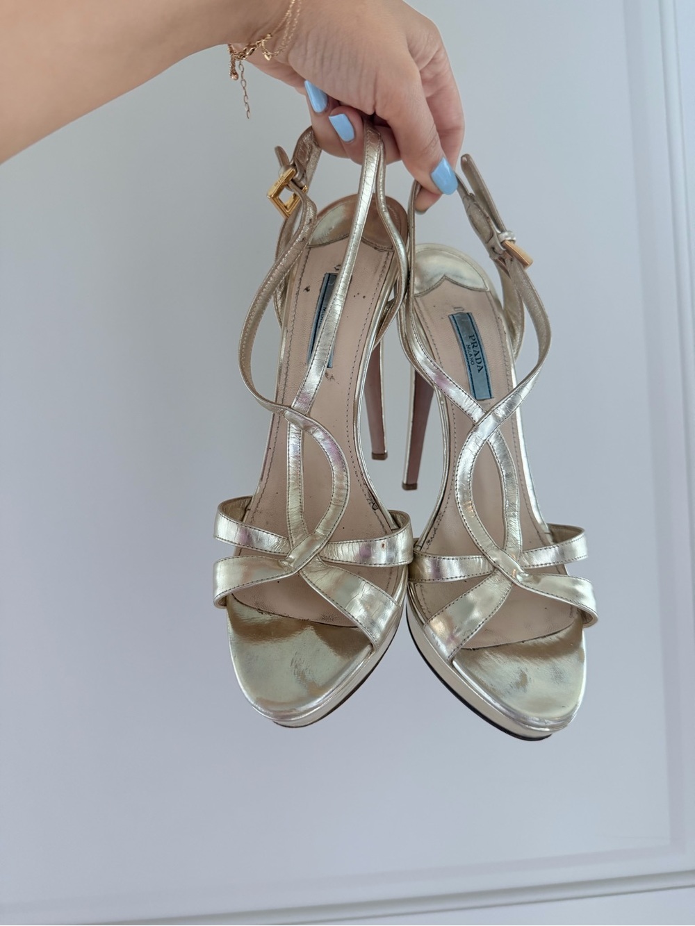 Prada Metallic Gold Strappy Stiletto Sandals